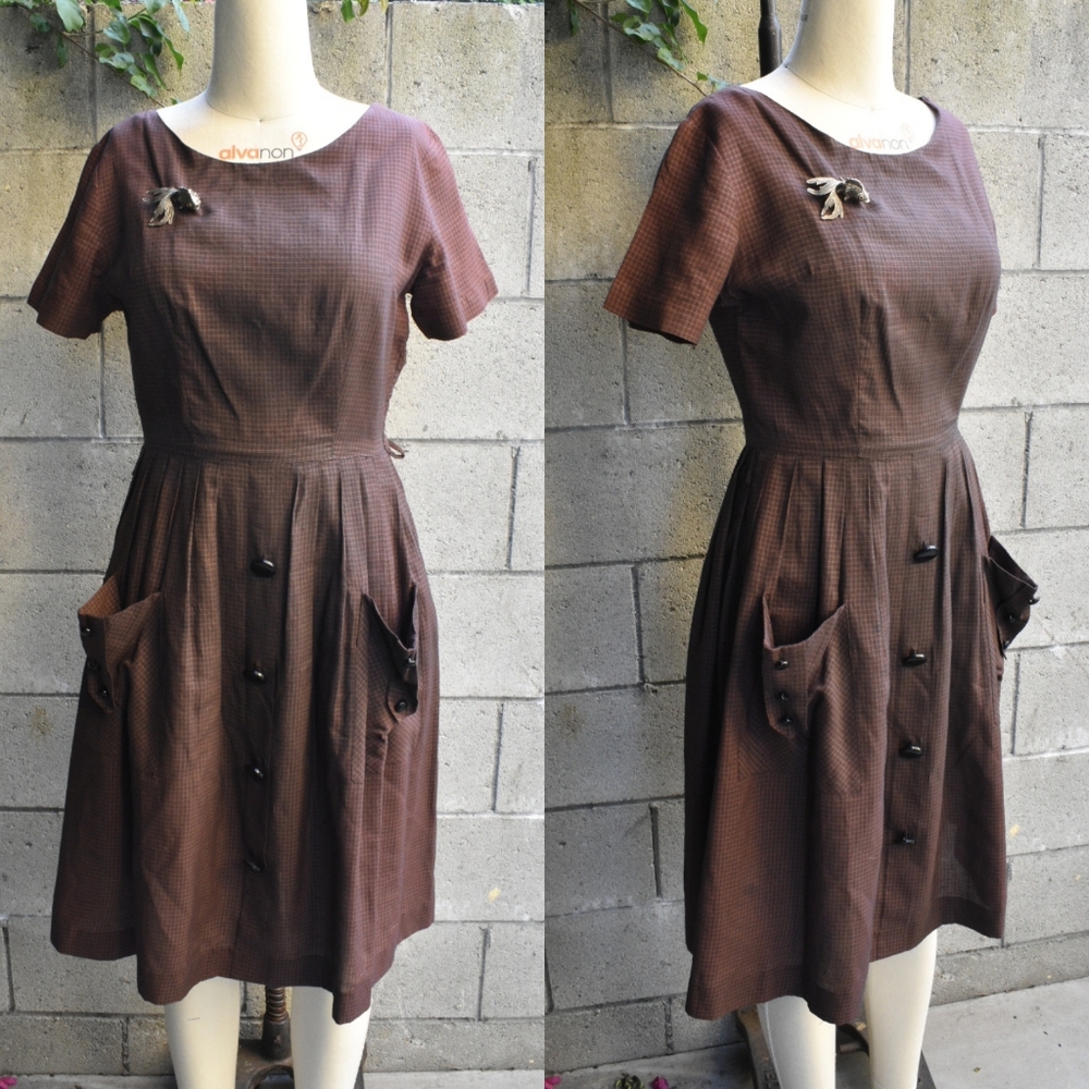 Vintage 50s 60s brown plaid button dress S M